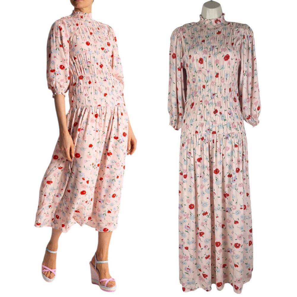 Samsoe Samsoe Sarami Floral Print Midi Dress Aop Pink Garden Size M